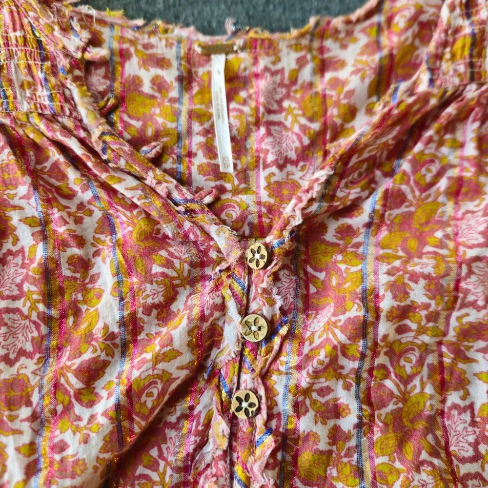 FREE PEOPLE Floral Metallic Lurex Boho Crop Top Size XS Balloon Sleeve Festival